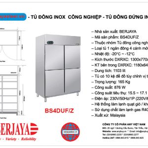 Thông số kỹ thuật Tủ đông 4 cánh inox Berjaya BS4DUF/Z