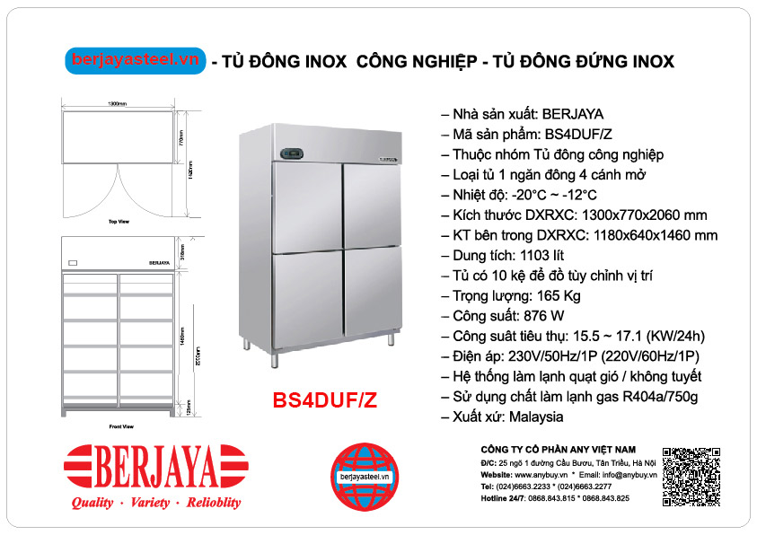 Thông số kỹ thuật Tủ đông 4 cánh inox Berjaya BS4DUF/Z dung tích tủ 1103 lít - sử dụng 1029 lít