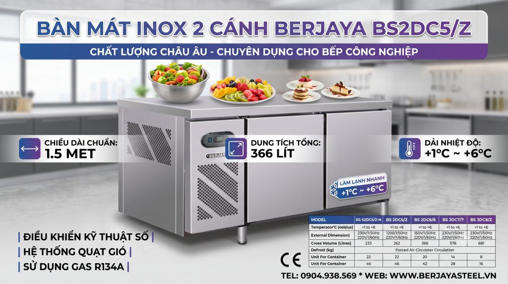 Bàn mát inox 2 cánh Berjaya BS2DC5/Z (dài 1,5m)