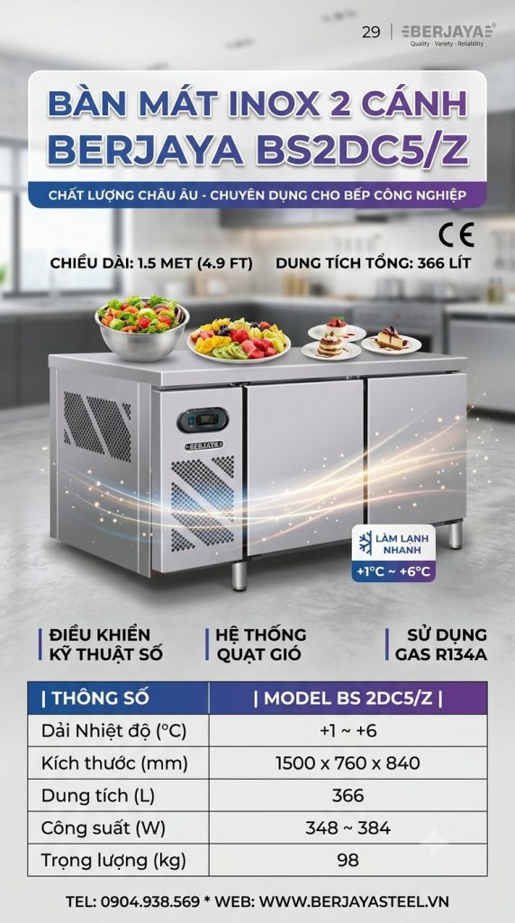Bàn mát inox 2 cánh Berjaya BS2DC5/Z (dài 1,5m)